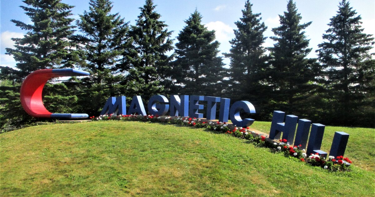 The Magnetic Hill landmark sign in Moncton, New Brunswick
