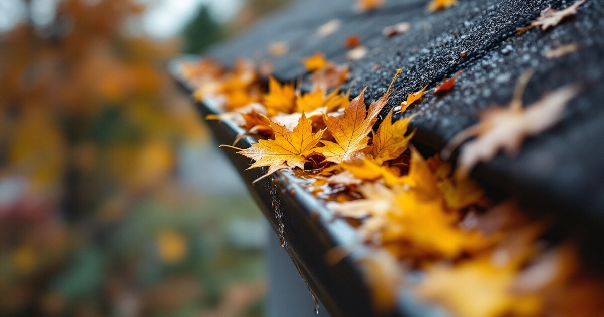 A roof gutter packed with wet autumn leaves
