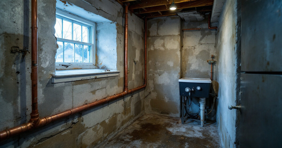 An exposed water supply pipe running along an uninsulated basement wall