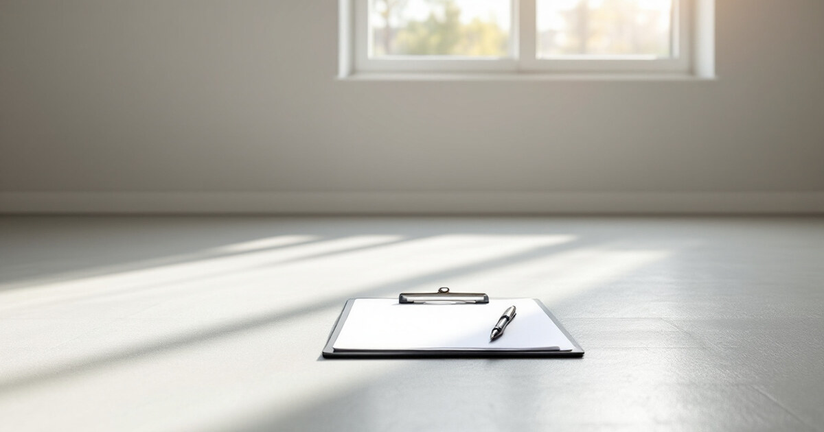 The interior of a clean empty rental apartment on move-in day with a clipboard and pen