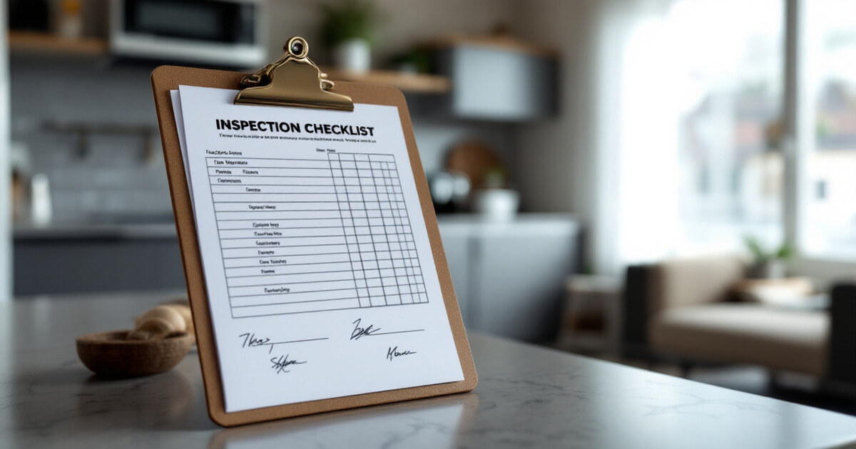 A signed inspection checklist on a clipboard resting on a kitchen counter in an empty apartment