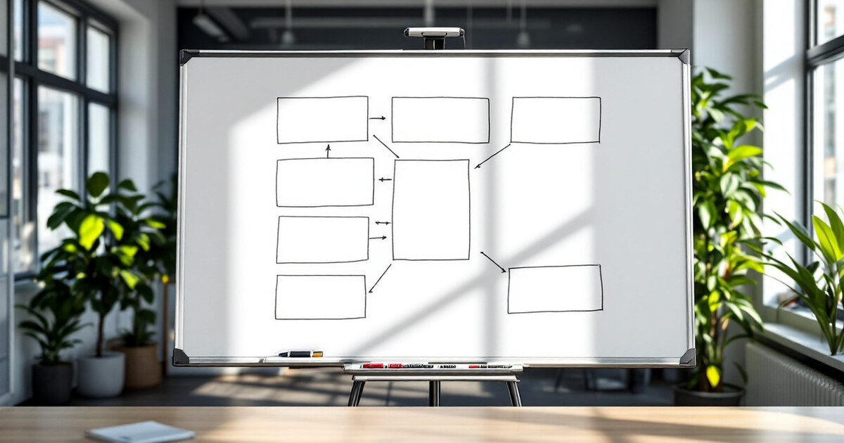 A workflow diagram on a whiteboard