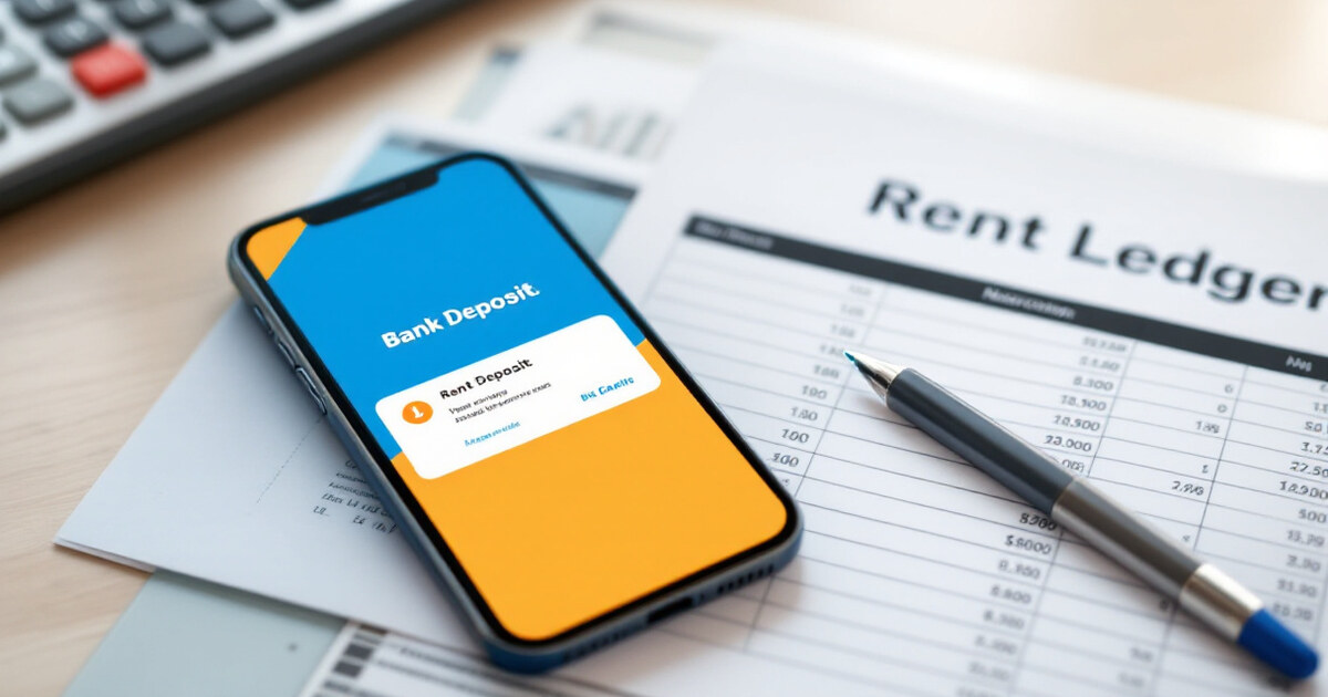 A bank deposit notification on a phone screen beside a printed rent ledger