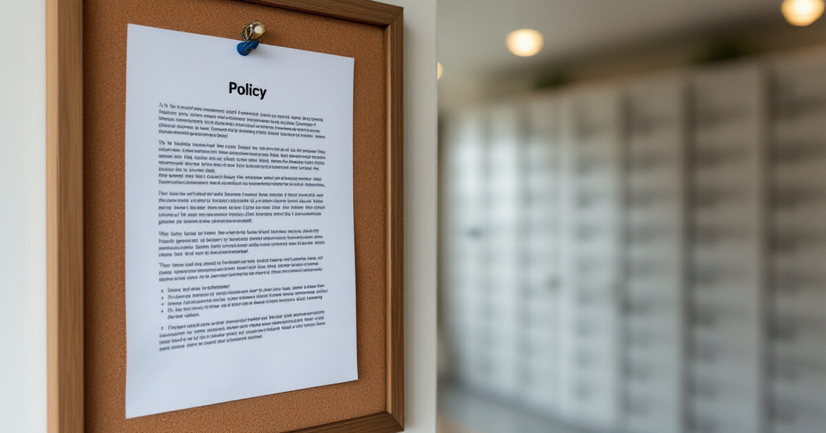 A printed policy sheet pinned to a corkboard in an apartment building lobby beside the mailboxes