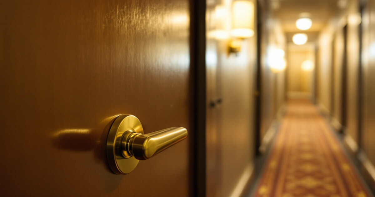 A closed apartment unit door in a residential building corridor