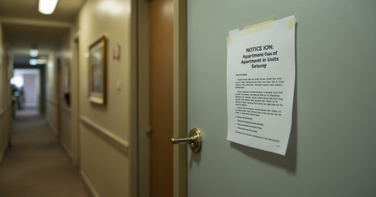 A printed paper notice taped to a closed apartment unit door in a corridor