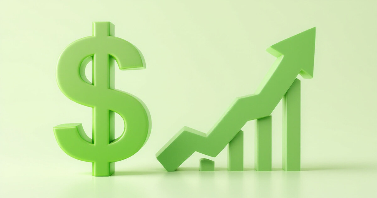 A dollar sign beside an upward pointing arrow rising over a bar chart