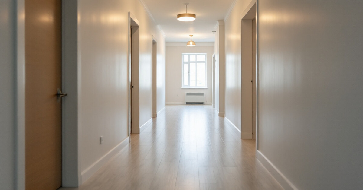 A freshly renovated apartment hallway with new flooring and lighting