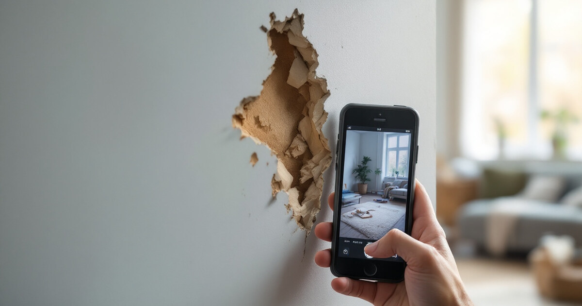 A smartphone being used to photograph a gouge in an apartment wall