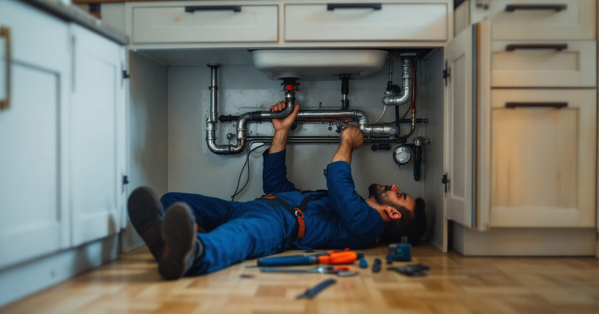 A plumber working under a kitchen sink with tools laid out on the floor