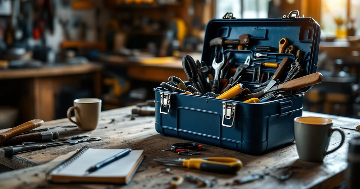 An open toolbox and hand tools on a workbench beside a notebook