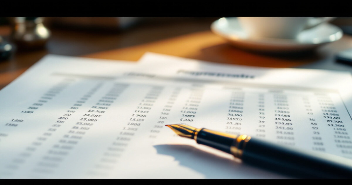 A printed property financial statement on a desk beside a pen and coffee