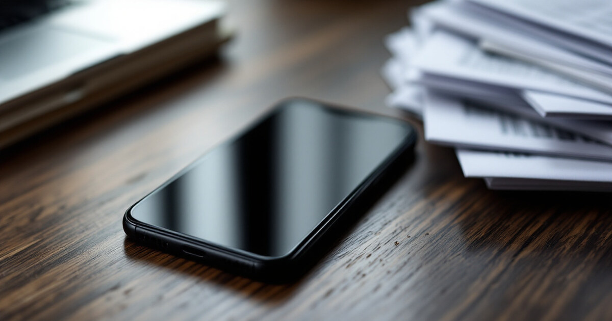 A smartphone with a switched-off black screen lying on a desk beside a stack of printed reports