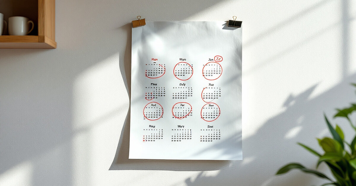 A paper wall calendar with several dates circled in red pen
