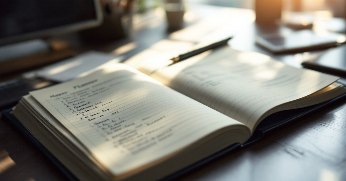 An open desk planner with handwritten notes and a pen resting on the page