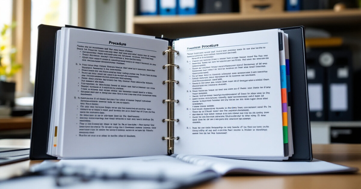 A three ring binder open on a desk showing printed procedure pages with tabbed dividers
