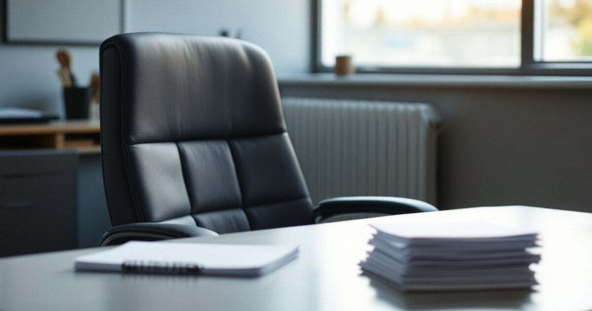 An empty office chair pushed back from a tidy desk holding a stack of documents