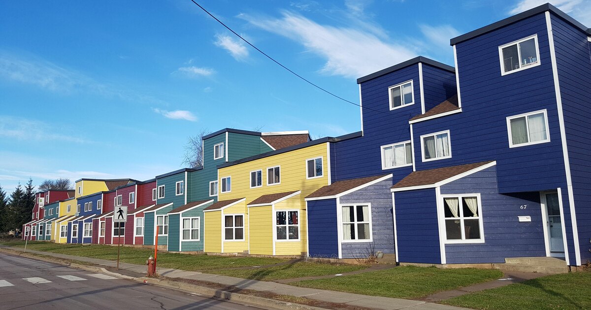Row of small multi-unit rental townhouses in Moncton, New Brunswick